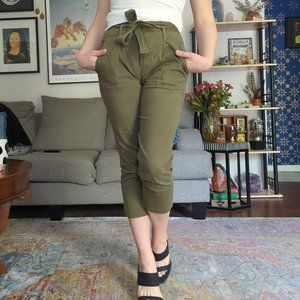 Chic Olive Green Cropped Tie-Waist Cotton Blend Pant, Lulu's Size Small